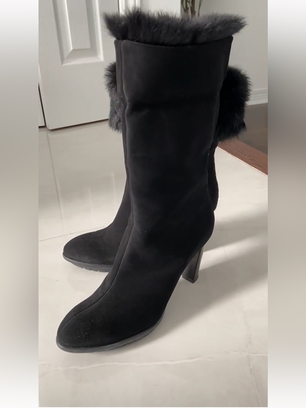 Black Fur Trim High Heel Women's Boots